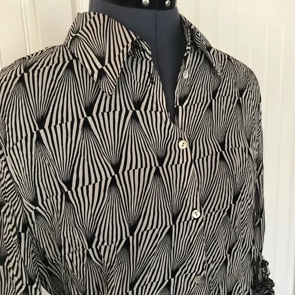 Vintage 90s 2000s Y2K Psychedelic Swirl Black and White Op Art Sexy Sheer Blouse - Picture 3 of 12